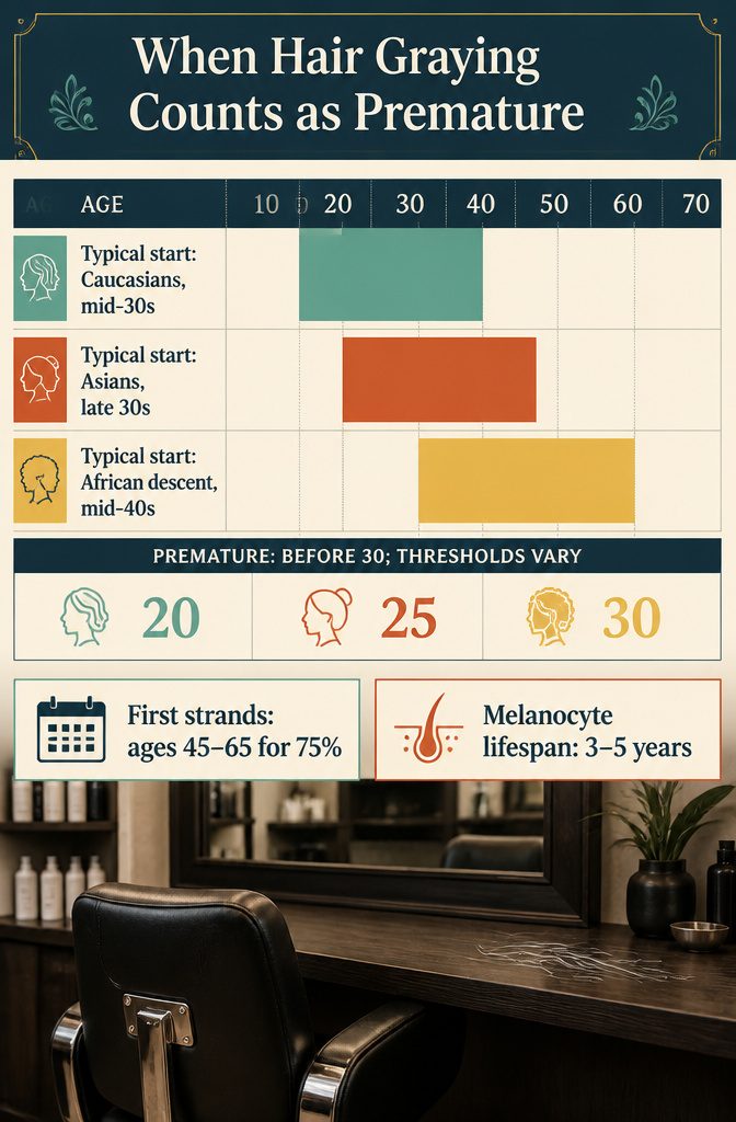 Chart showing age ranges for premature graying across ethnic groups