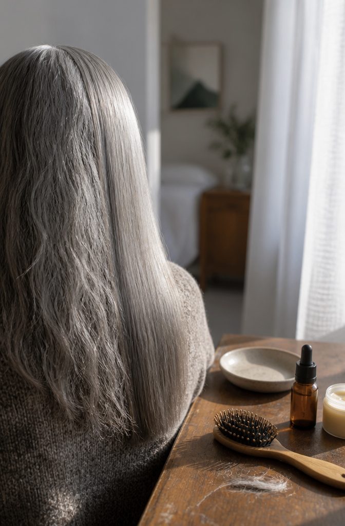 Silver hair showing dry wiry strands beside a smoother conditioned section