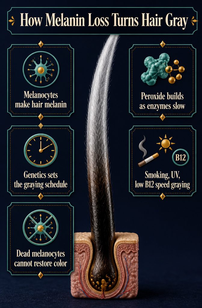 Hair follicle diagram showing melanin loss and gray strands