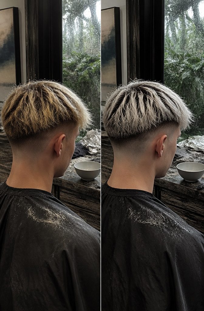 Man with bleached uneven fringe and visible dark roots