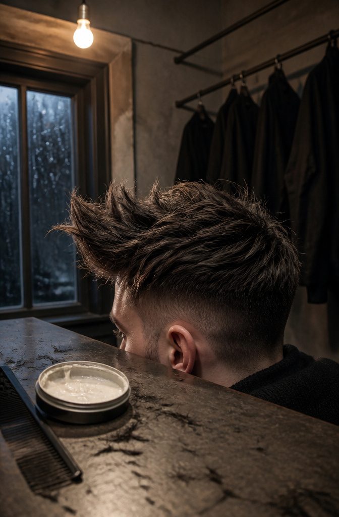 Man with irregular raised front hair and closely cut sides
