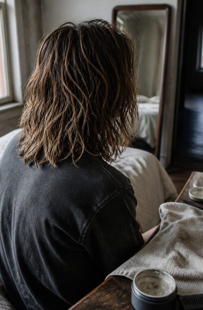 Man with long choppy layers and blunt hair ends