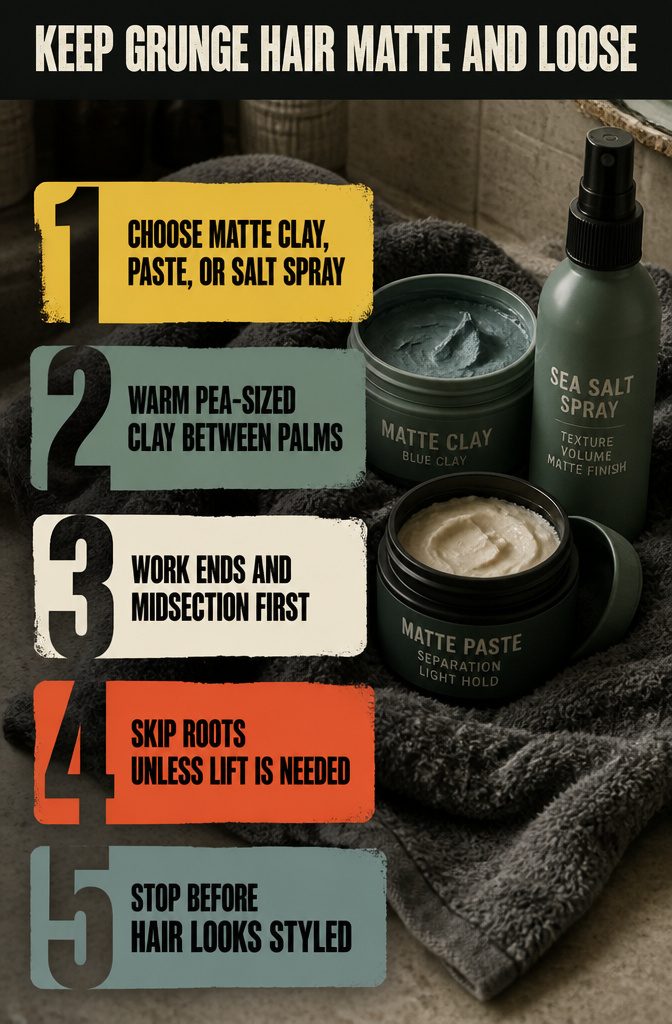 Beauty graphic reading Keep Grunge Hair Matte and Loose