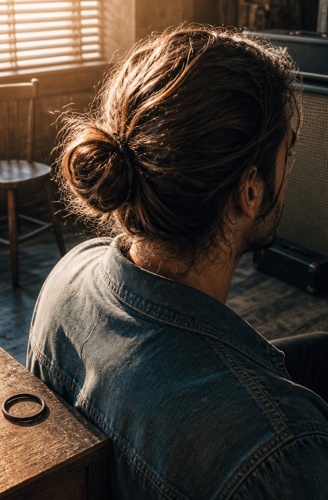 Man with a loose bun and strands framing his face