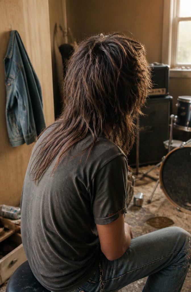 Man with choppy shoulder-length front and longer hair at the back