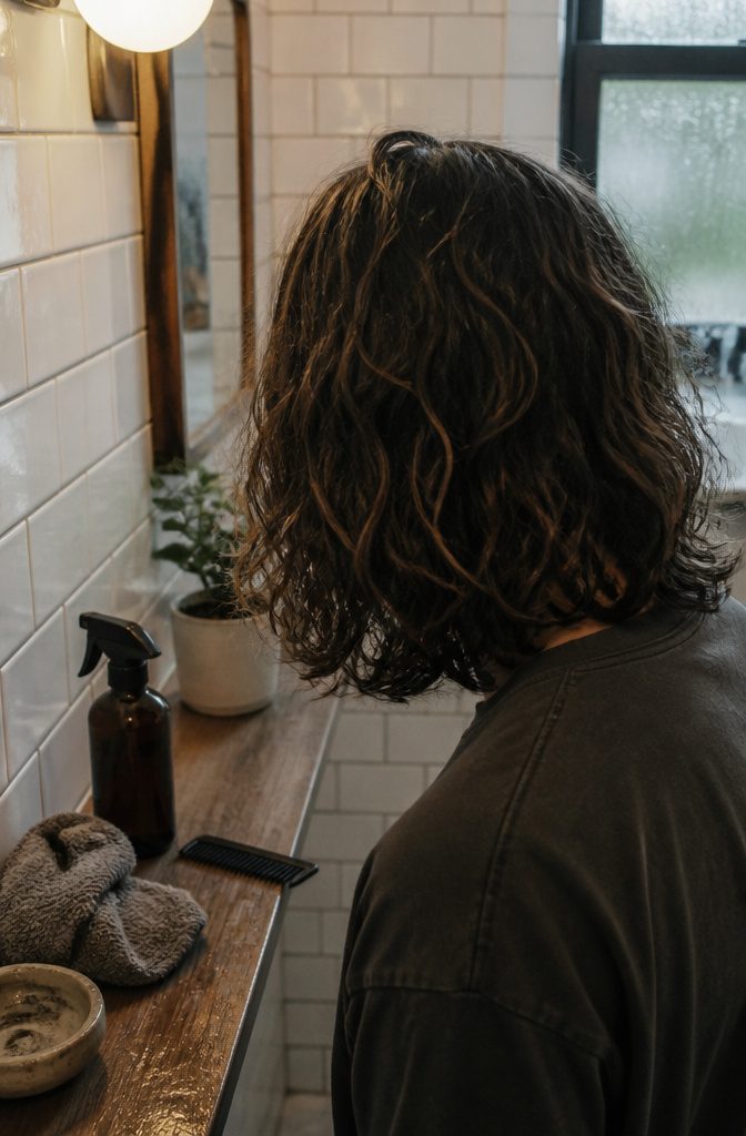 Man with shoulder-length waves separated into loose uneven pieces