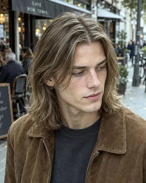 Young man with shoulder-length flowing wavy brown hair and a side-swept fringe.
