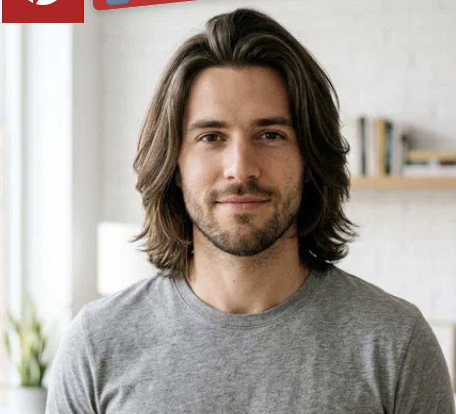 Man with shoulder-length straight brown hair, center part, and a short groomed beard.