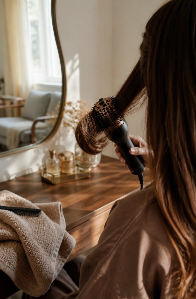 Round blow-dryer brush with bristles shaping hair around its perforated barrel