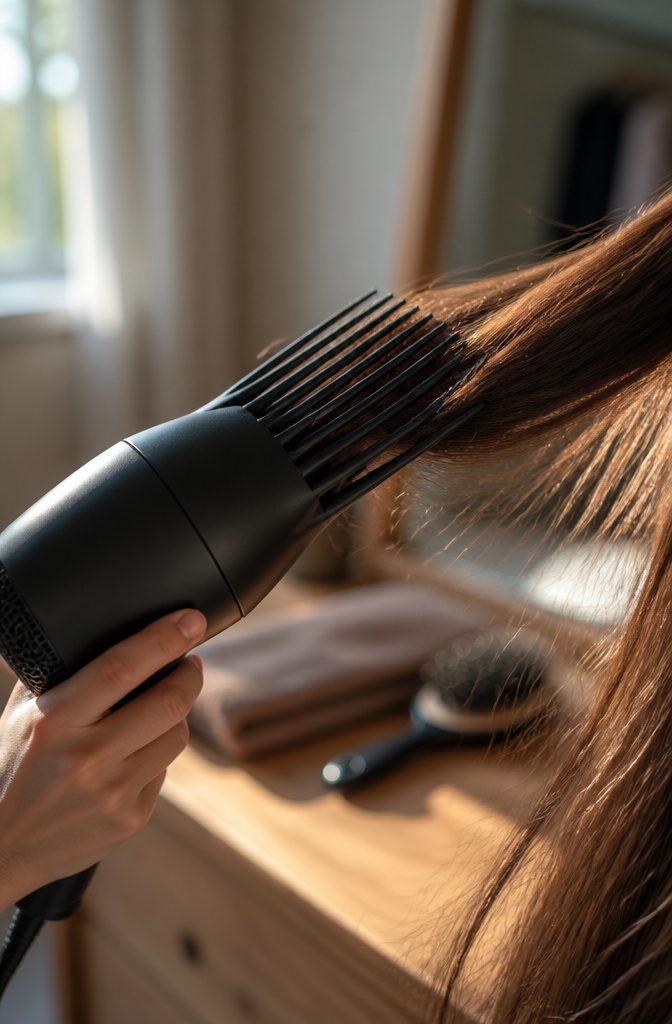 Hair dryer comb attachment with teeth running through a section of hair