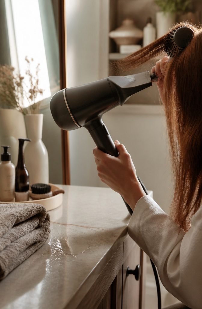 Hair dryer concentrator aimed at straight hair while a round brush lifts a small section