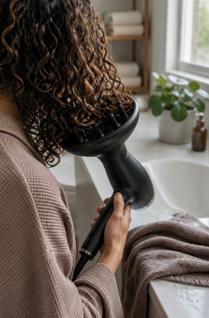 Hair dryer diffuser with short tines positioned against curly hair
