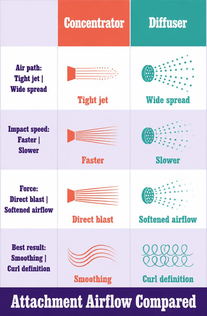 Beauty infographic titled Attachment Airflow Compared with hair dryer attachment diagrams