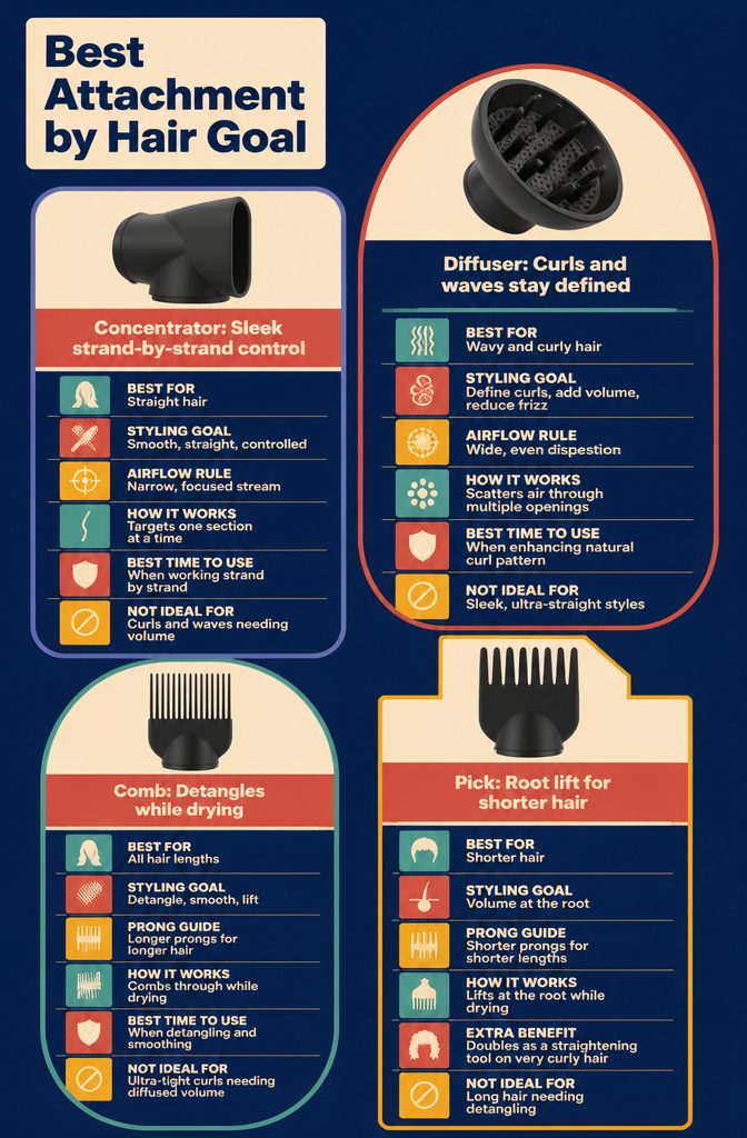 Beauty infographic titled Best Attachment by Hair Goal with hair styling choices