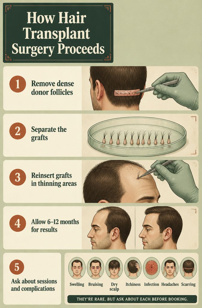 Hair transplant diagram showing follicle removal and graft placement on scalp