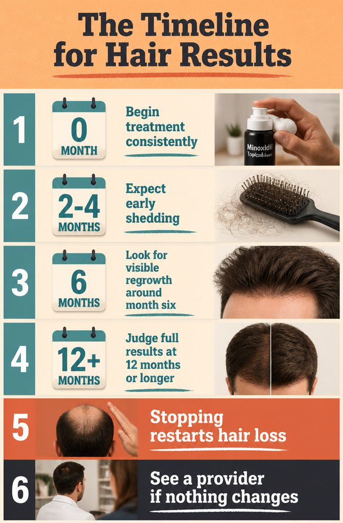 Hair growth timeline showing shedding early regrowth and later fuller hair