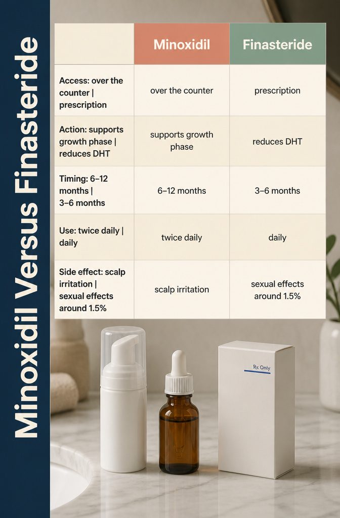 Minoxidil bottle and finasteride tablets beside a thinning hair diagram