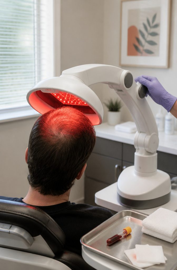 Man receiving scalp treatment with red light device near thinning hair