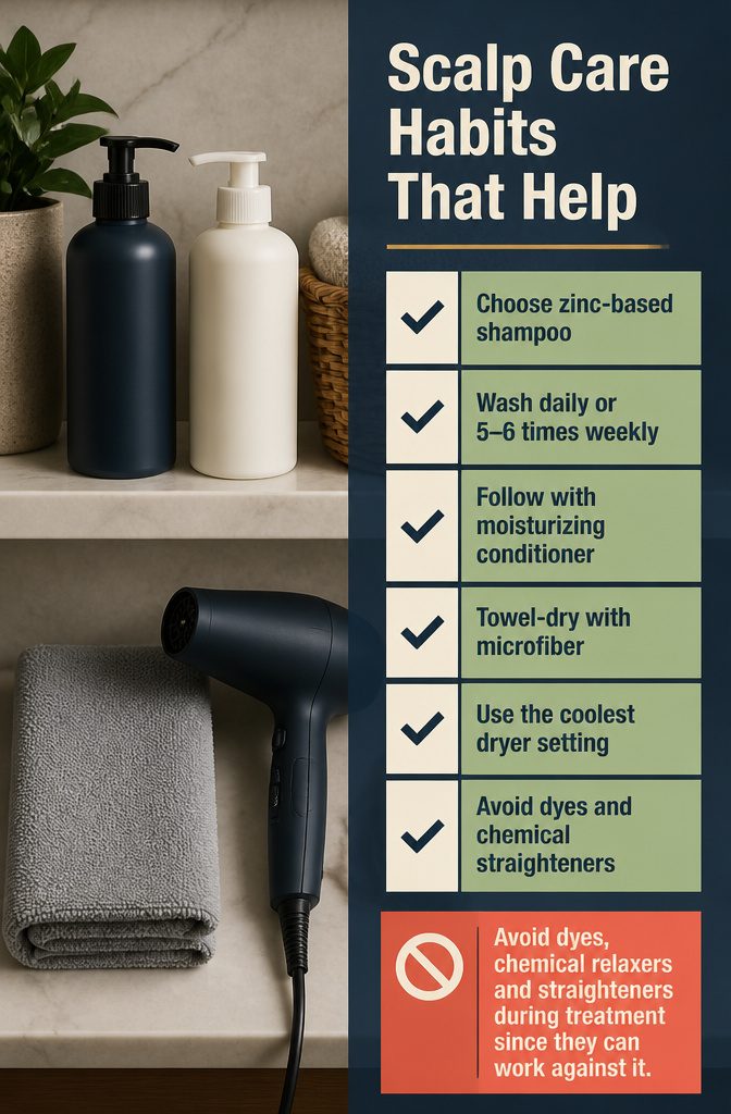 Hair care products towel and cool blow dryer beside wet scalp hair