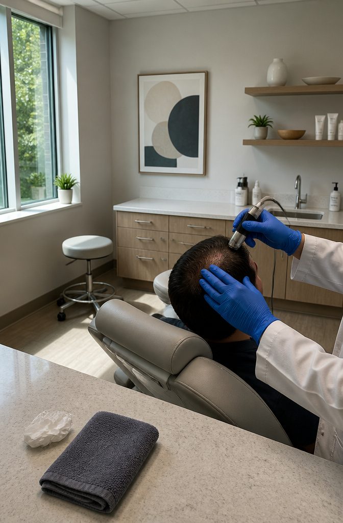 Man showing dermatologist an irritated patch on his scalp