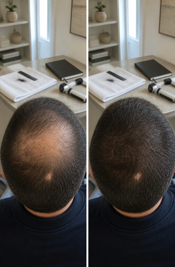 Man examining thinning hair at the crown in a bathroom mirror