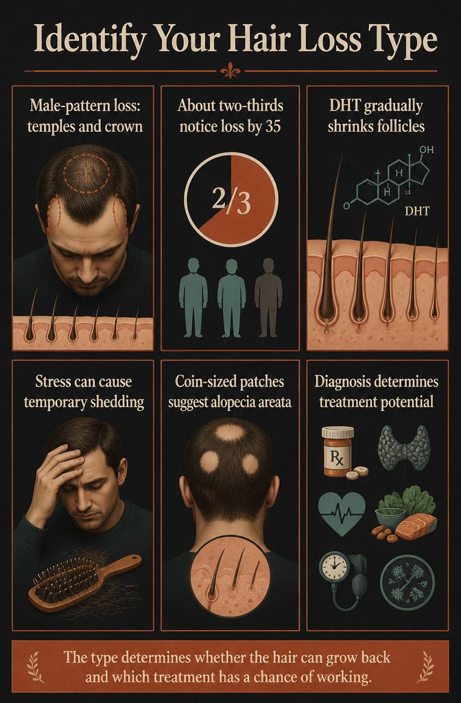 Hair loss diagram showing receding temples crown thinning and patchy bald spots