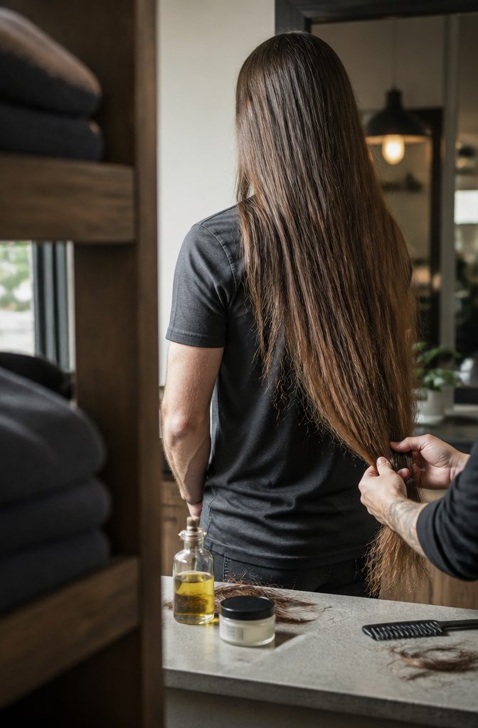 Man with long hair extending below the shoulders