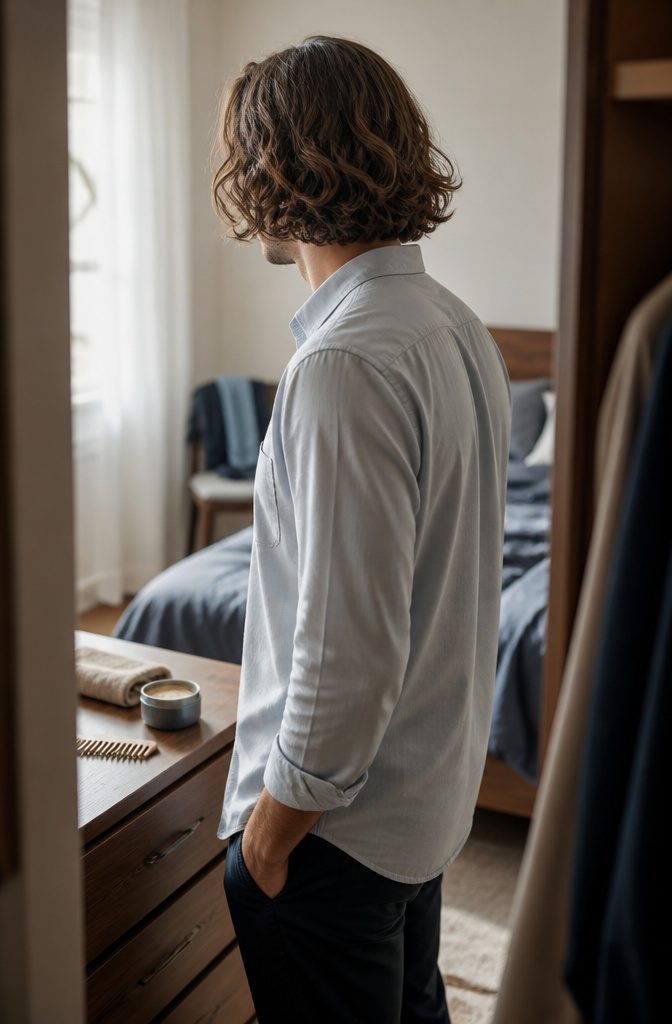 Man with loose hair reaching his jawline