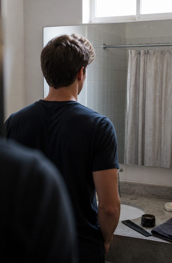 Man viewed from behind at a bathroom mirror with pomade comb and towel