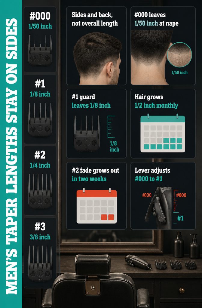 Diagram marking clipper taper lengths on the back and sides of a head