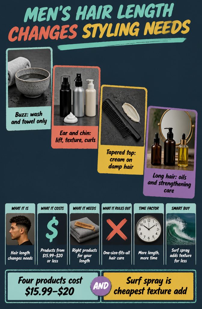 Hair styling products arranged beside notes on men's length and care