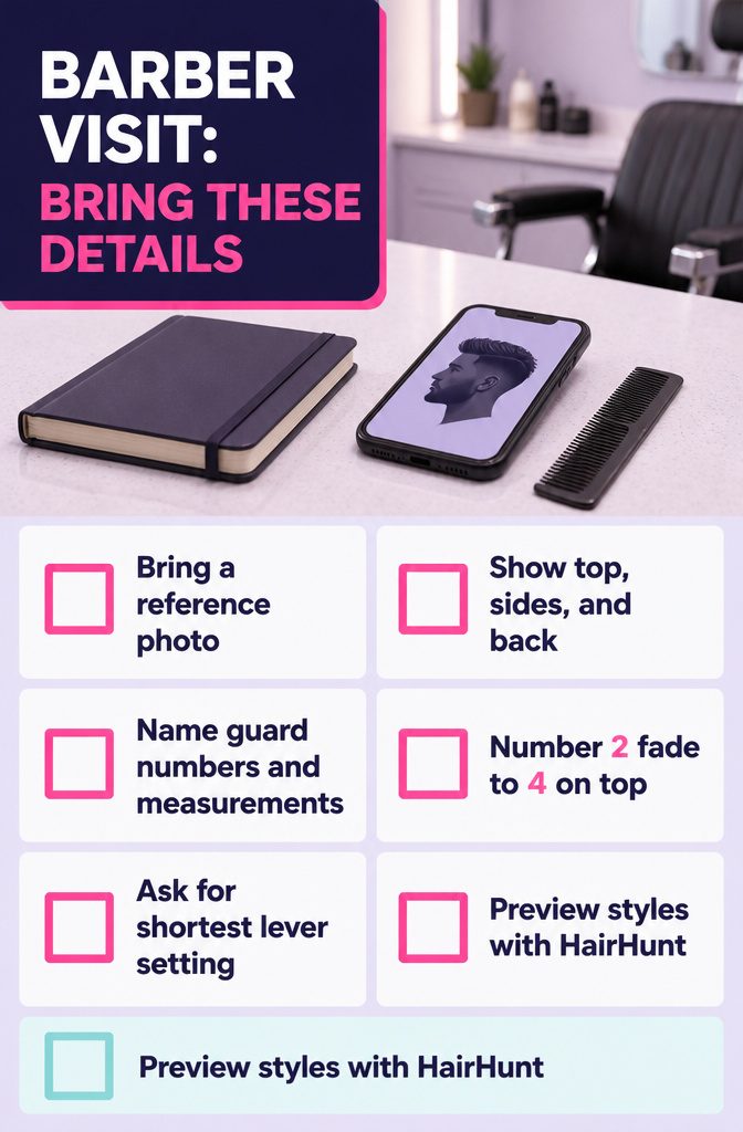 Checklist graphic with reference details for a barber appointment