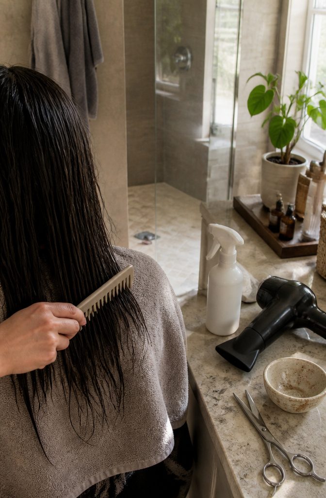 Wide-tooth comb towel-dried hair cool blow-dryer shears and dye patch test