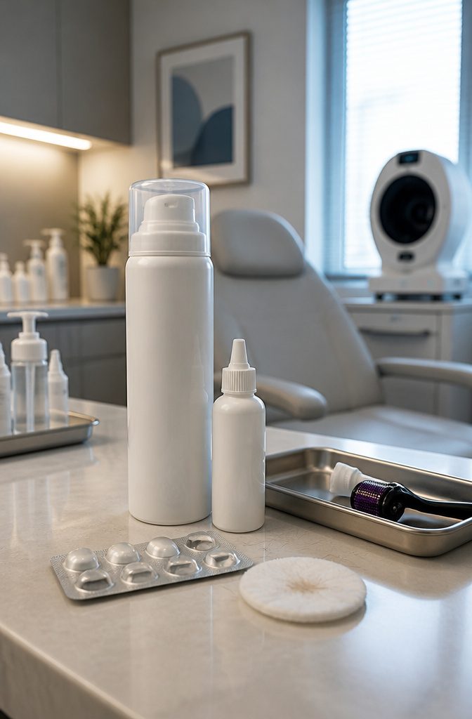 Hair-growth treatment products arranged beside tools for daily scalp care