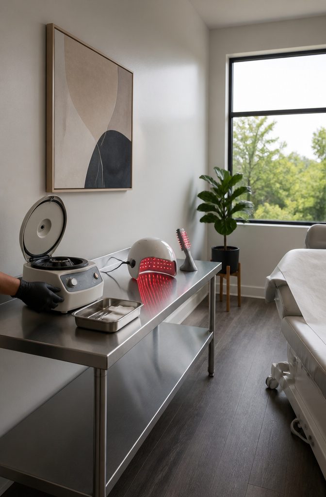 Hair-restoration treatment supplies arranged for a clinic procedure