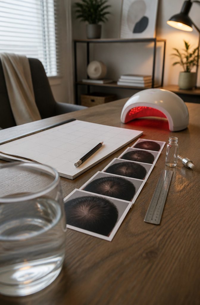 Calendar progress photos light device treatment vial and hair-growth tracking materials