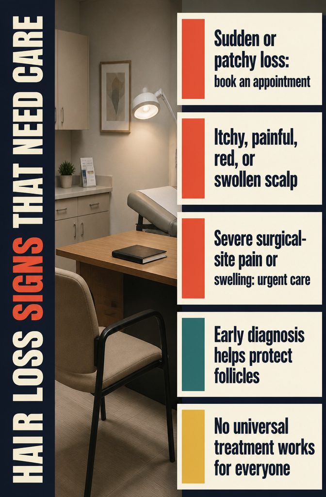 Hair loss warning signs graphic with patchy thinning itching pain redness and swelling