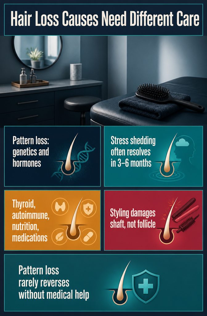 Hair loss causes graphic with genetics stress medical conditions and damaged hair strands