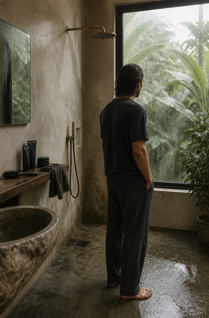 Man with longer hair brushed back in loose separated sections