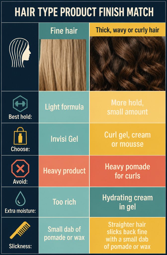 Hair product chart matching hair types with styling products and finishes