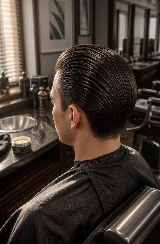 Man with hair combed straight back from his forehead