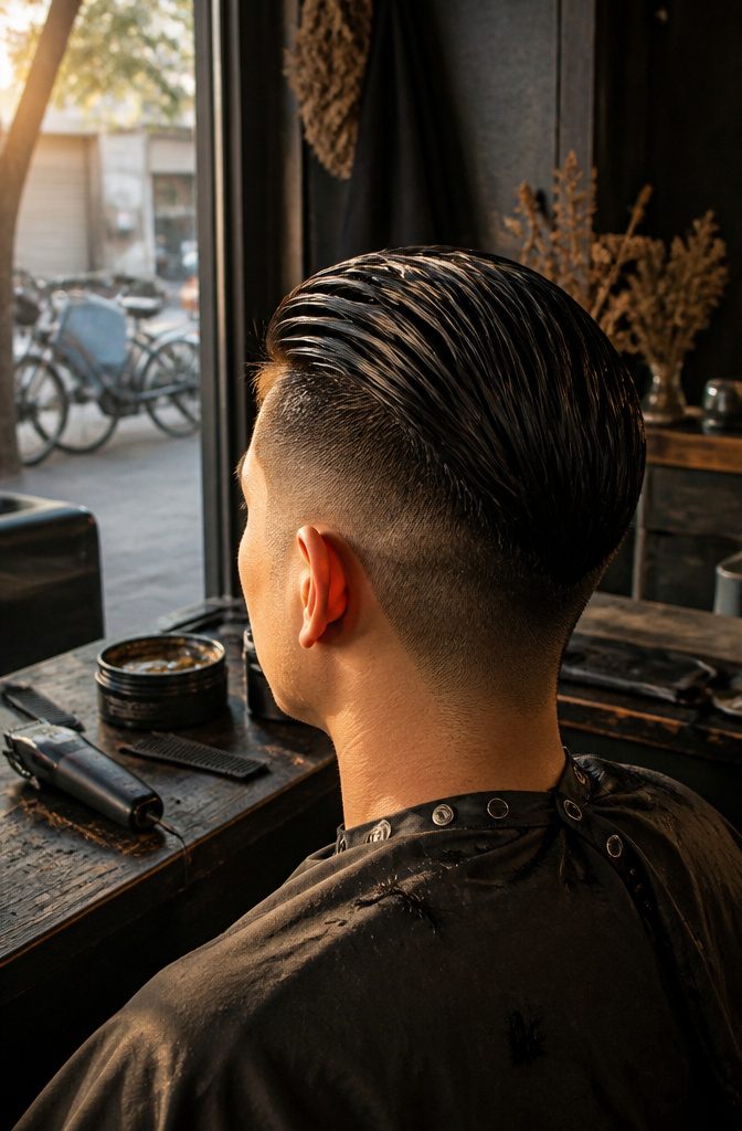 Man with glossy long top hair and very short sides