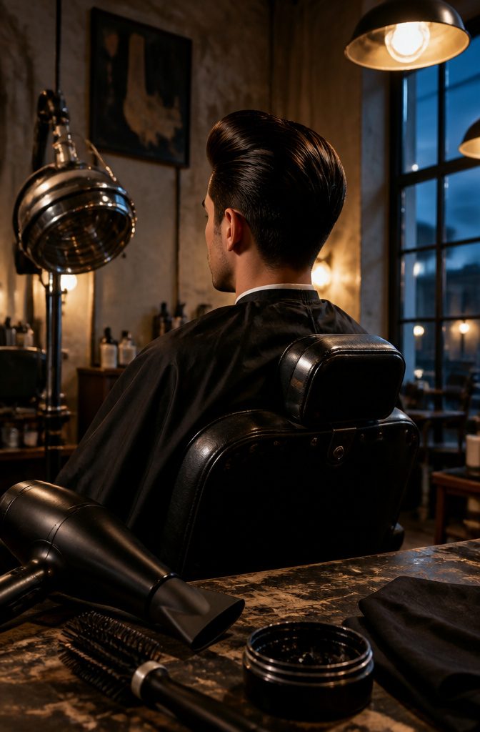 Man with a glossy raised pompadour and short sides