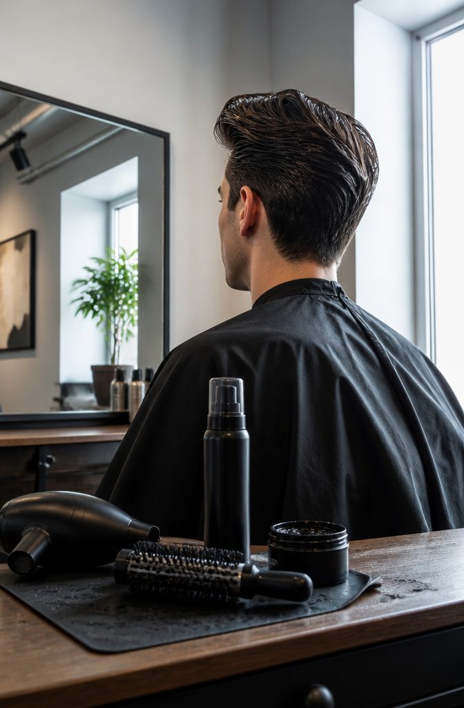 Man with a raised front section of shiny swept-back hair