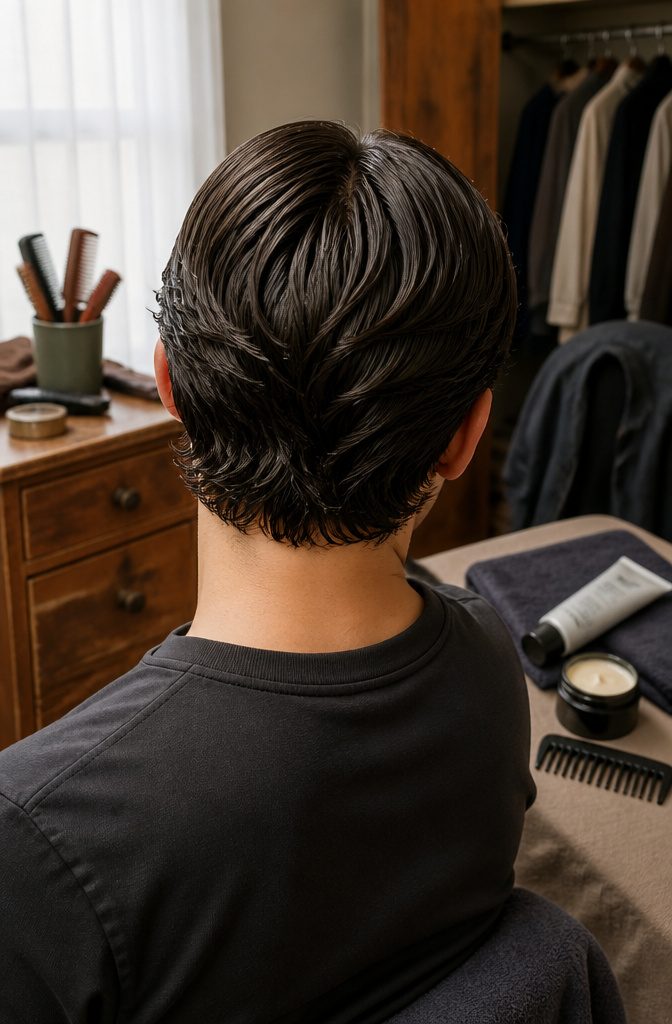 Man with shiny medium-length hair parted down the center