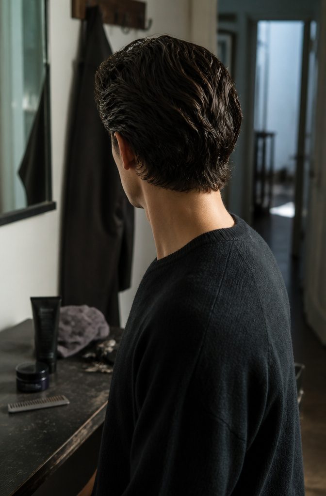 Man with glossy hair swept to one side in loose sections