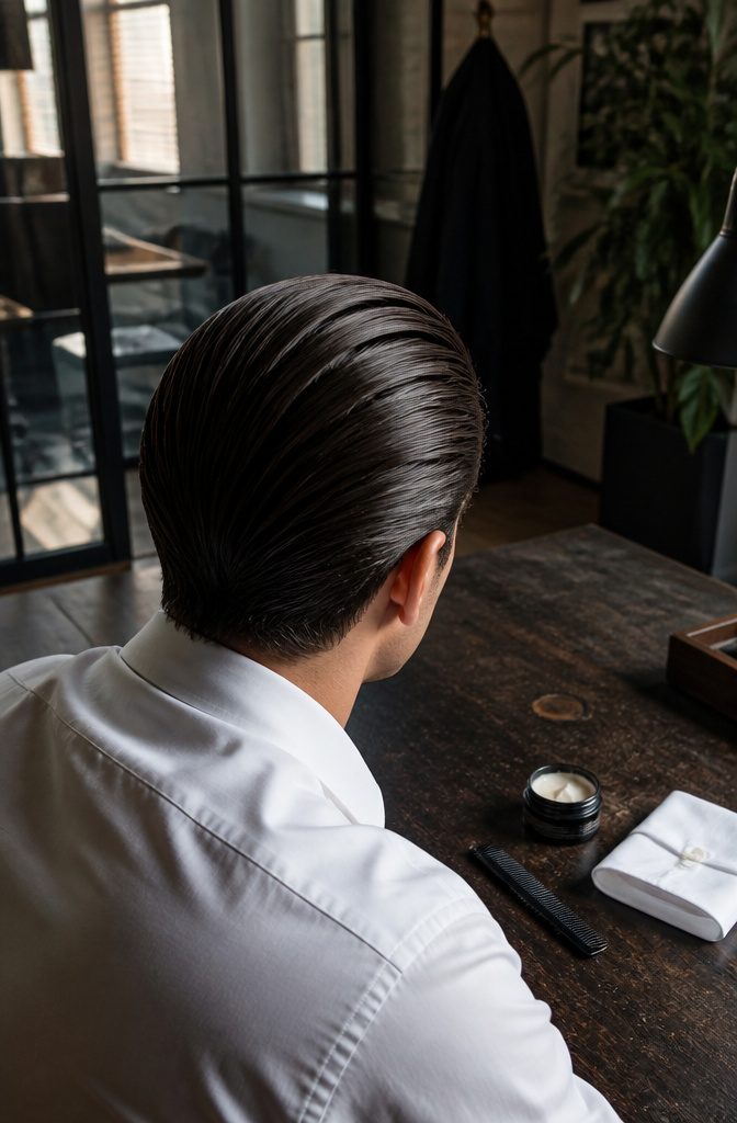 Man with sleek hair combed back and neat temple edges