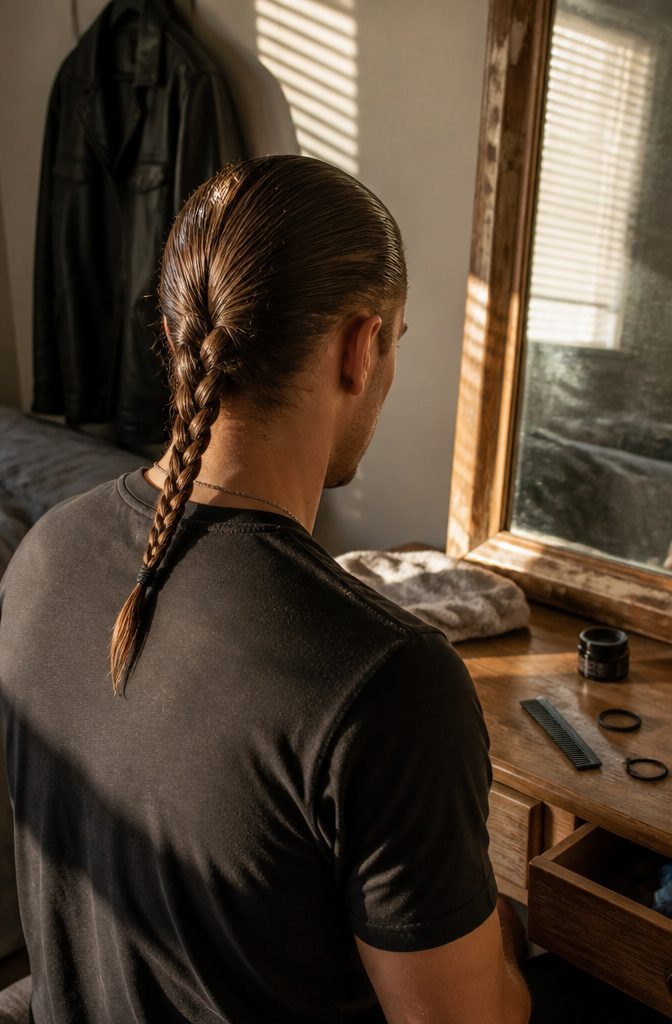 Long hair slicked back into a three-strand braid reaching the collar