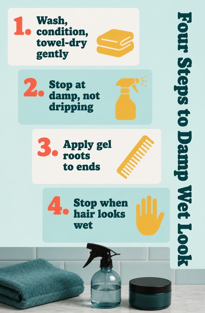 Four-step guide with illustrations for styling damp hair with product