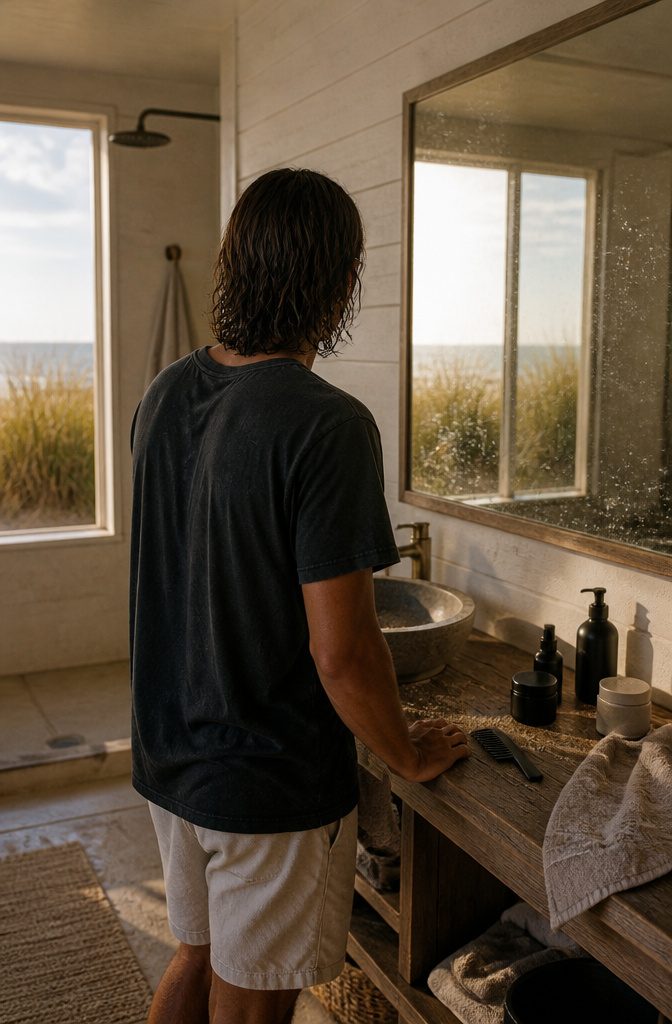 Man with separated glossy waves and loose textured hair